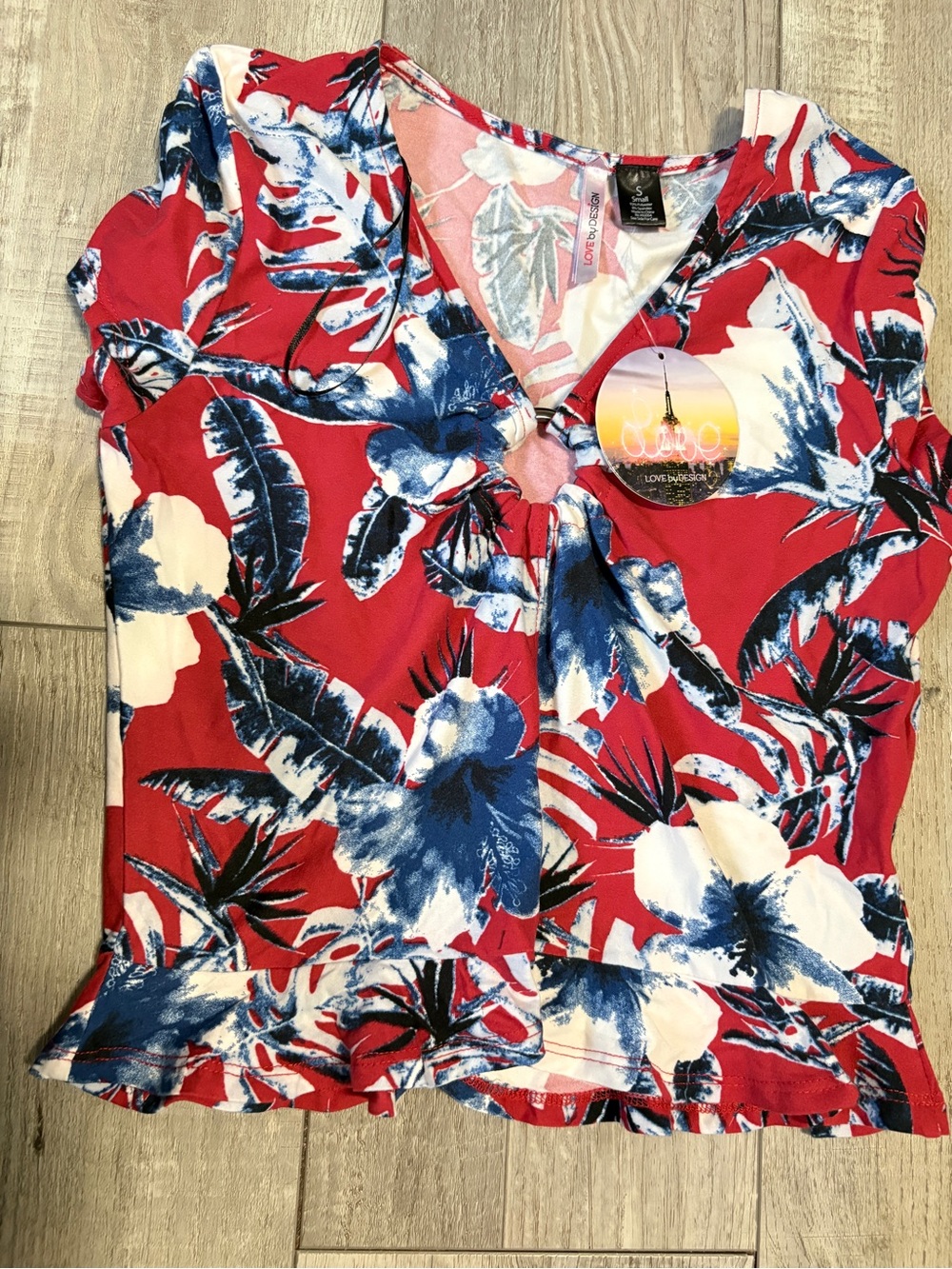 Love By Design Red, Blue & White Floral Knot-Front Top